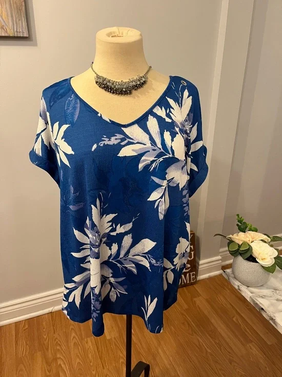 😍SHOW SPECIAL LILY MORGAN Blue & White Floral Drop Sleeve Blouse Ring Detail XL - Picture 2 of 8